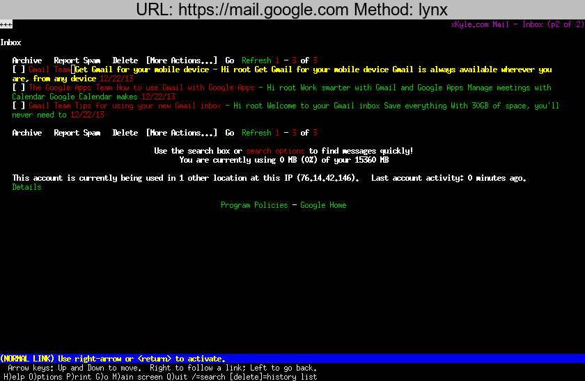 https://mail.google.com rendered using lynx