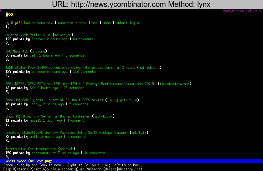 http://news.ycombinator.com rendered using lynx