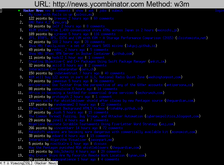 http://news.ycombinator.com rendered using w3m