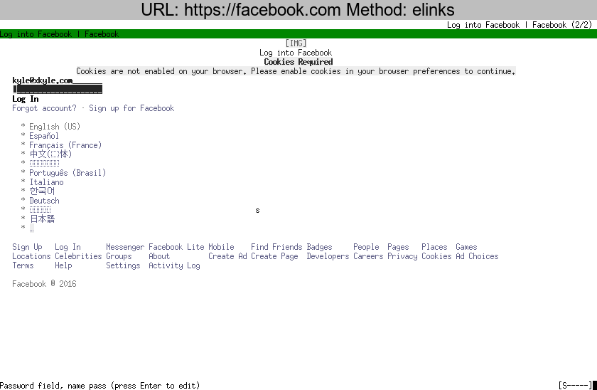https://facebook.com rendered using elinks