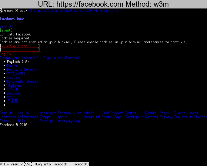 https://facebook.com rendered using w3m