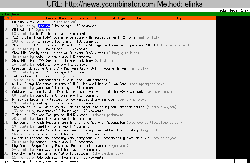 http://news.ycombinator.com rendered using elinks