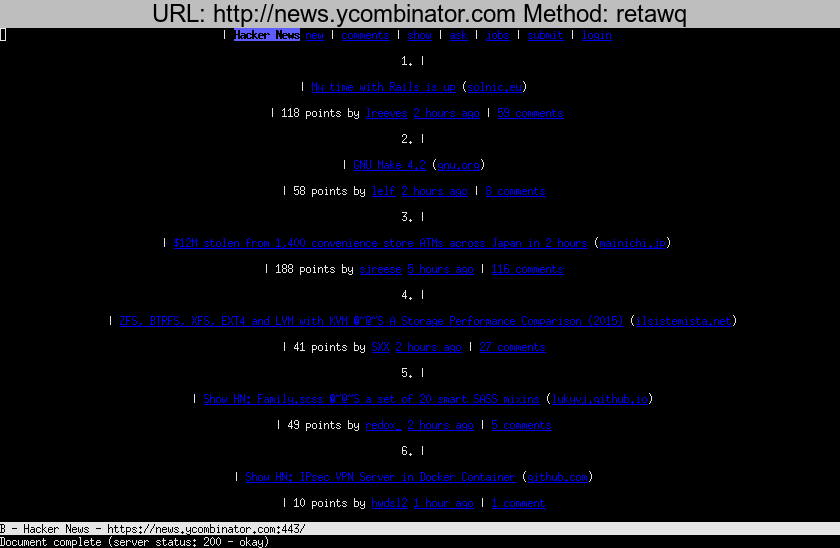 http://news.ycombinator.com rendered using retawq